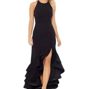 Betsy & Adam Black Ruffle Halter Crepe Gown Size 10